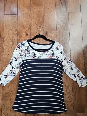 Maurices Navy Striped Top with Floral Sleeves